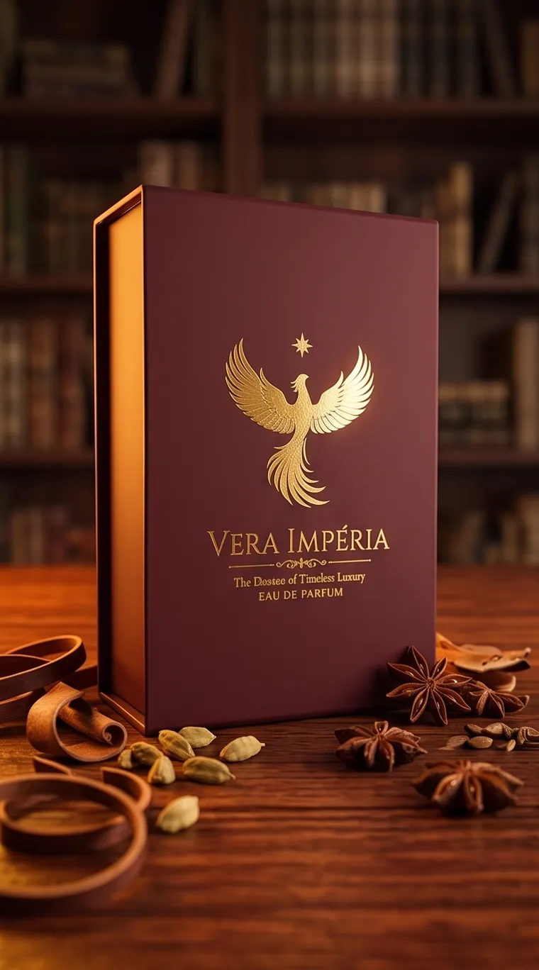 Bordo Vera Impéria hediye kutusu, tarçın ve yıldız anasonla kütüphane önünde
