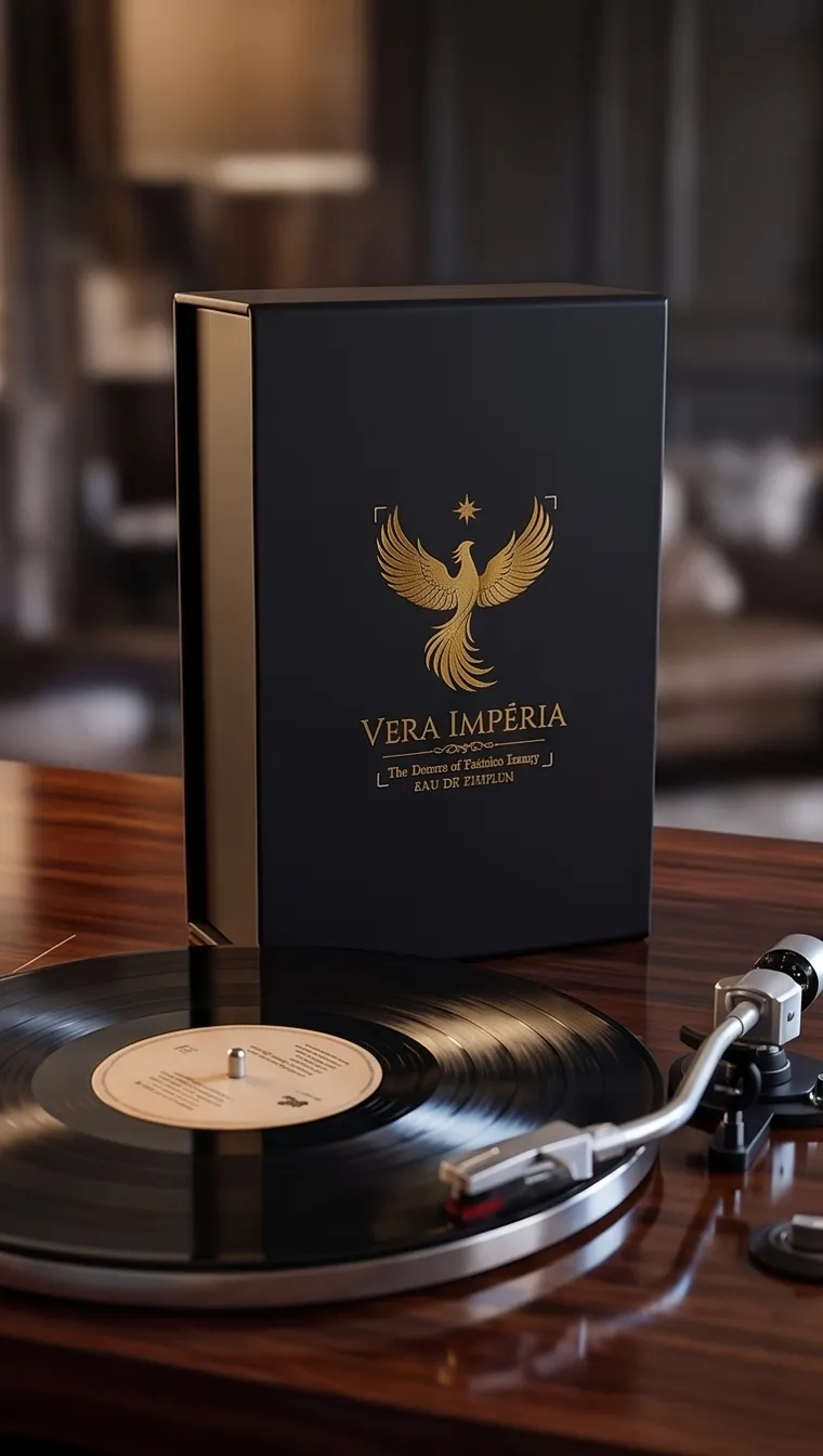 Vera Impéria siyah hediye kutusu, ahşap masada pikap yanında
